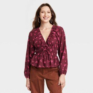 Universal Thread Women's Puff Floral Long Sleeve Tie-Front Blouse Red M